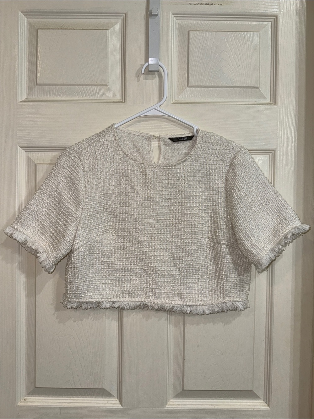 Shein Cream Tweed Cropped Short-Sleeve Top